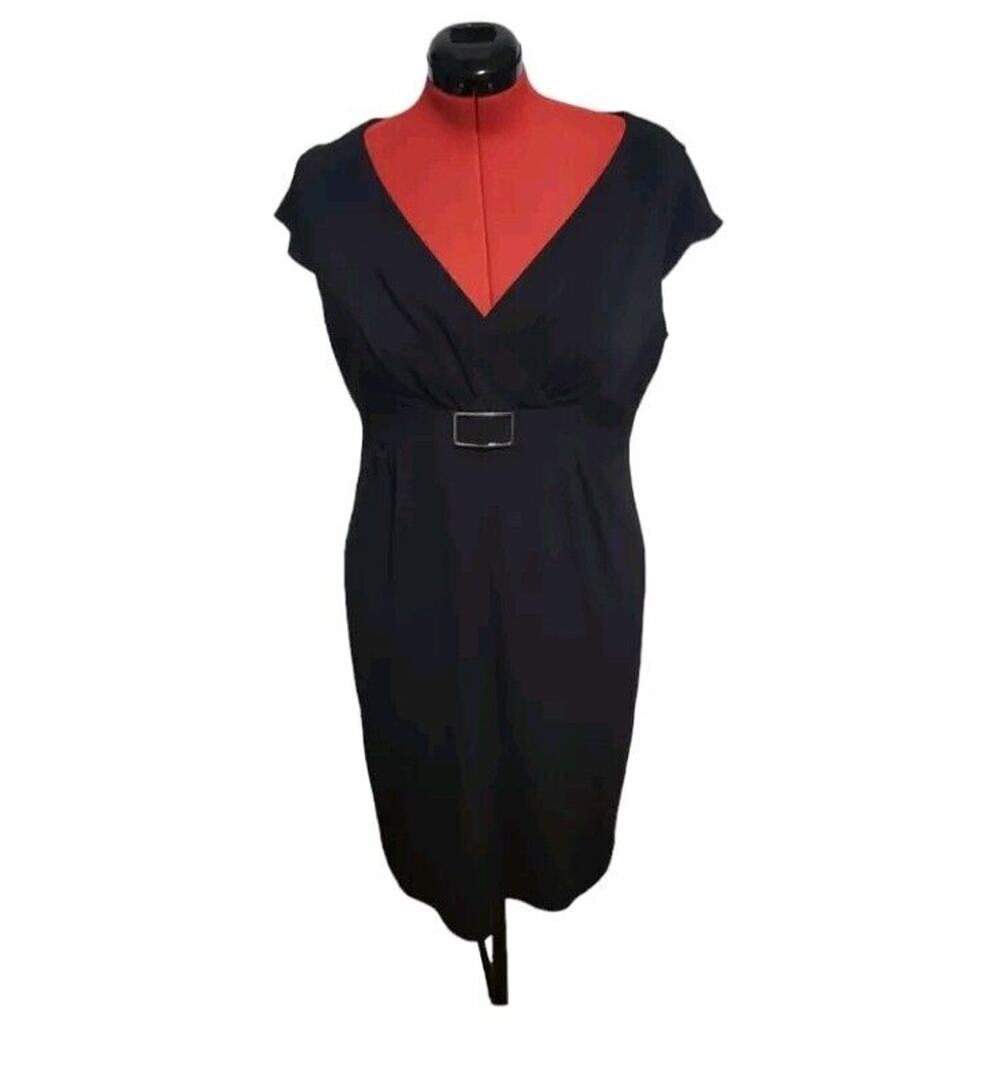 White House Black Market fitted midi dress, cap sleeves v neck, buckle, size 14
